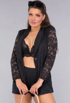 Zwarte Lace Short Set met Blazer