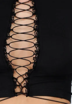 Zwarte Lace-Up Cut Out Longsleeve Top met Open Voorkant