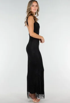 Zwarte Lange Glitter Maxi Jurk met Strass Steentjes en Lage Rug