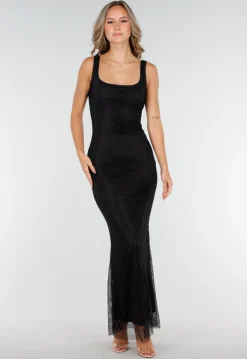 Zwarte Lange Glitter Maxi Jurk met Strass Steentjes en Lage Rug