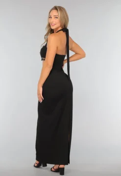 Zwarte Lange Halter Jurk met Strass Fringe