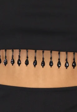 Zwarte Lange Halter Jurk met Strass Fringe