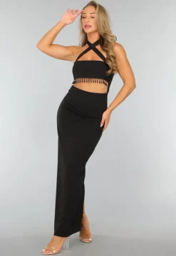 Zwarte Lange Halter Jurk met Strass Fringe