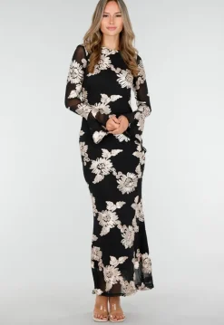 Zwarte Lange Jurk met Stretch en Beige Bloemenprint