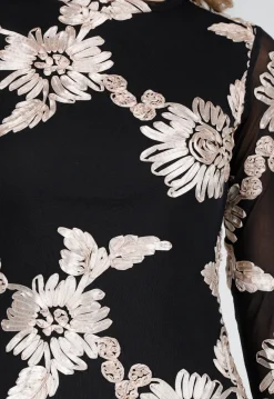 Zwarte Lange Jurk met Stretch en Beige Bloemenprint