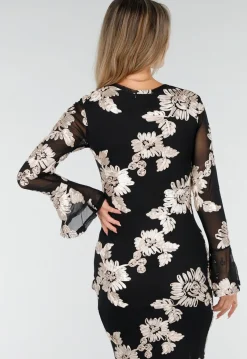 Zwarte Lange Jurk met Stretch en Beige Bloemenprint