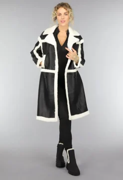 Zwarte Lange Lederlook Teddy Mantel Jas