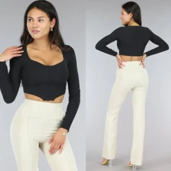 Zwarte Lange Mouwen Rib Crop Top