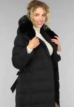Zwarte Lange Pufferjacket met Bontkraag