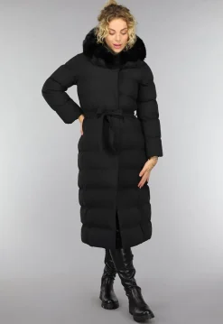 Zwarte Lange Pufferjacket met Bontkraag