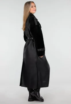 Zwarte Lange Trenchcoat van Imitatieleer met Ceintuur