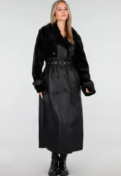 Zwarte Lange Trenchcoat van Imitatieleer met Ceintuur