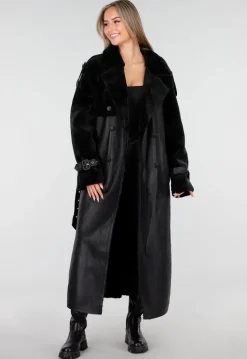 Zwarte Lange Trenchcoat van Imitatieleer met Ceintuur