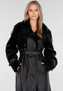Zwarte Lange Trenchcoat van Imitatieleer met Ceintuur