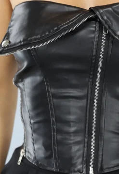 Zwarte Lederlook Bandeau Top met Ritsjes