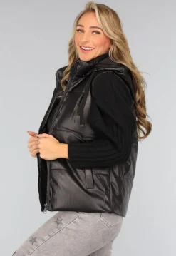 Zwarte Lederlook Bodywarmer met Capuchon