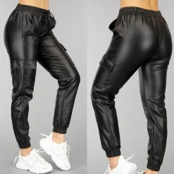 Zwarte Lederlook Cargo Broek met Stretch