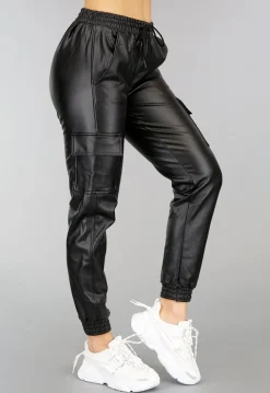 Zwarte Lederlook Cargo Broek met Stretch