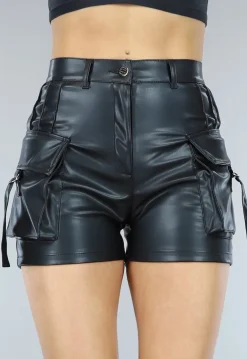 Zwarte Lederlook Cargo Short met Hoge Taille