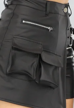 Zwarte Lederlook Cargo Skort met Overslag