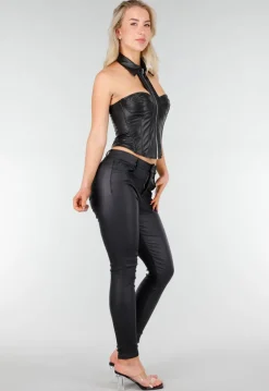 Zwarte Lederlook Corset Top met Rits en Kraag