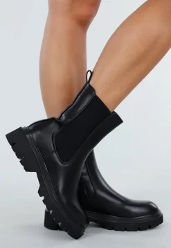 Zwarte Lederlook Enkelboots met Chunky Zool en Zijrits