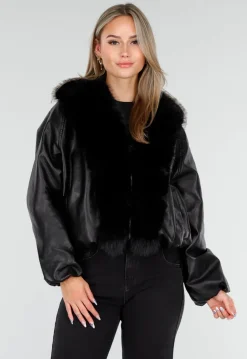 Zwarte Lederlook Jas met Imitatiebontkraag