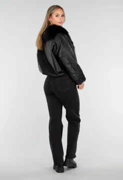 Zwarte Lederlook Jas met Imitatiebontkraag