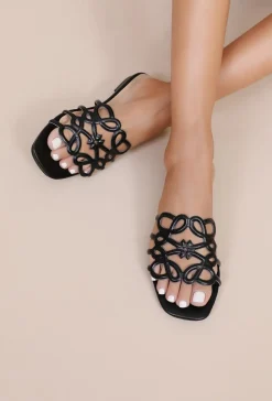 Zwarte Lederlook Open Sandalen met Platte Zool