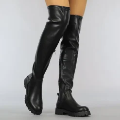 Zwarte Lederlook Overknee Laarzen met Grove Zool