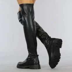 Zwarte Lederlook Overknee Laarzen met Grove Zool