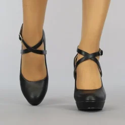 Zwarte Lederlook Pumps met Enkelbandje