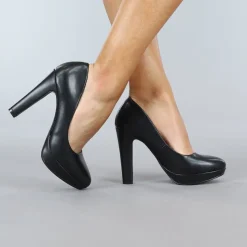 Zwarte Lederlook Pumps met Plateau