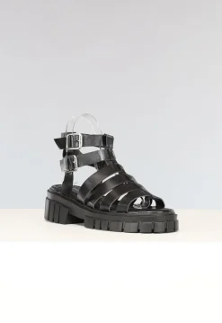 Zwarte Lederlook Sandalen met Grove Zool