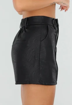 Zwarte Lederlook Shorts met Elastische Tailleband