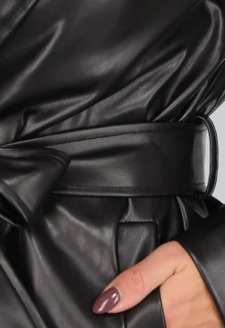 Zwarte Lederlook Trenchcoat met Tailleband