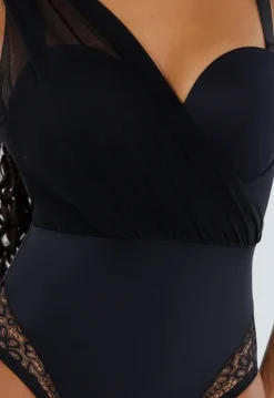 Zwarte Lingerie Mesh Body met One Shoulder en Kantaccenten
