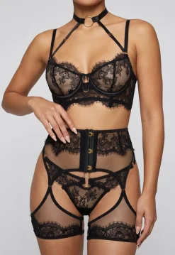 Zwarte Lingerie Set met Choker, Jarretelgordel en Dijbanden