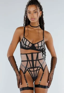 Zwarte Lingerie Set met Mesh Verstelbare Bandjes en Choker Detail