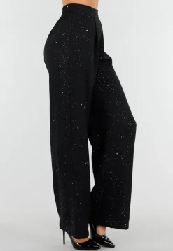 Zwarte Linnenlook Glitter Pantalon met Stretchband