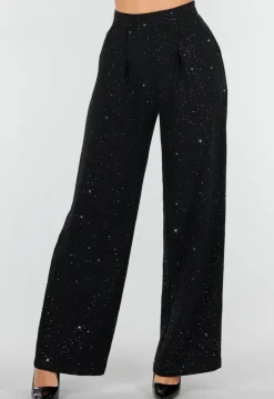 Zwarte Linnenlook Glitter Pantalon met Stretchband