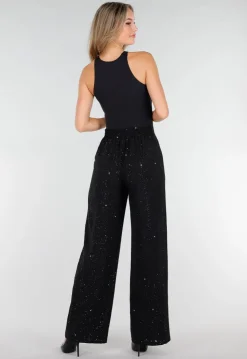 Zwarte Linnenlook Glitter Pantalon met Stretchband