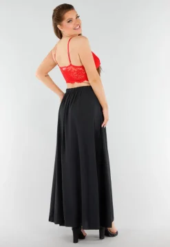 Zwarte Linnenlook Maxi Rok met Elastische Tailleband