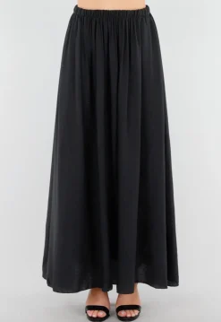 Zwarte Linnenlook Maxi Rok met Elastische Tailleband
