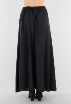Zwarte Linnenlook Maxi Rok met Elastische Tailleband