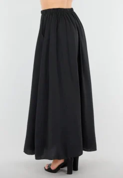 Zwarte Linnenlook Maxi Rok met Elastische Tailleband