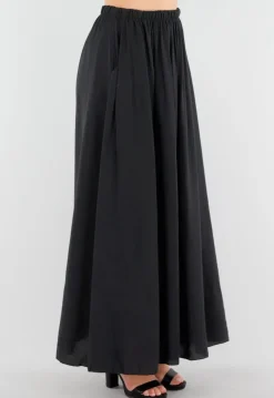 Zwarte Linnenlook Maxi Rok met Elastische Tailleband