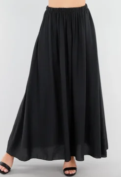 Zwarte Linnenlook Maxi Rok met Elastische Tailleband