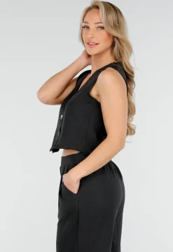 Zwarte Linnenlook 2-Piece Set met Gilet en Wijde Broek