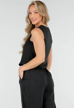 Zwarte Linnenlook 2-Piece Set met Gilet en Wijde Broek